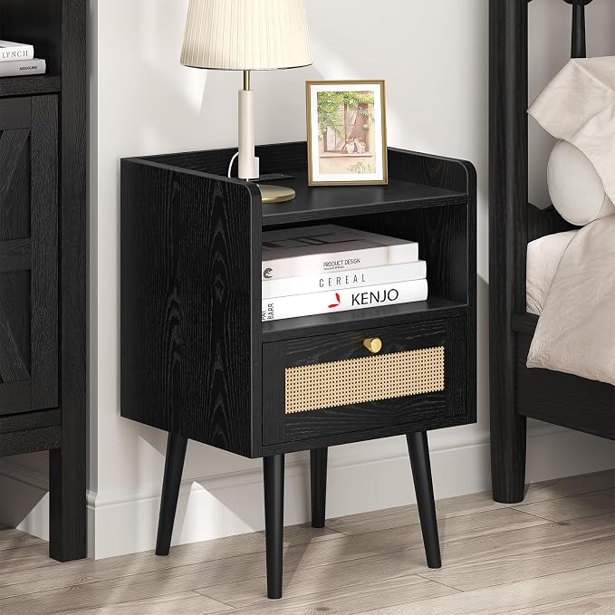 MECHYIN Night Stand Set 2, Nightstands Set of 2 with Charging Station, Rattan Side Tables with Solid Wood Legs, Boho Bedside End Table for Apartment Bedroom Dorm Small Space - Image 2