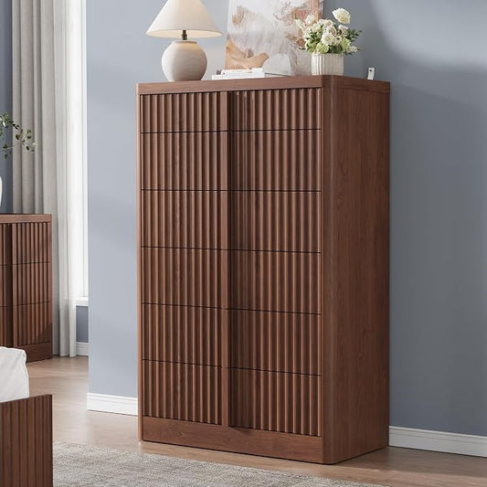 Fluted Dresser for Bedroom, 48" Tall 6 Drawer Dressers, Modern Chest of Drawers with Solid Wood Handle, Curved Profile Design, Wood Dresser Storage Organizer, Living Room, Hallway, Walnut by Harpaq