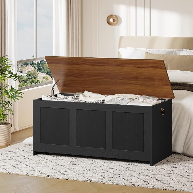 HOOBRO Storage Bench, 43.3" Retro Wooden Storage Chest, Wooden Storage Trunk, Toy Chest with Lift Top, Multifunctional Entryway Organizer, for Entryway, Living Room, Black and Walnut BH411CW01 - Image 2