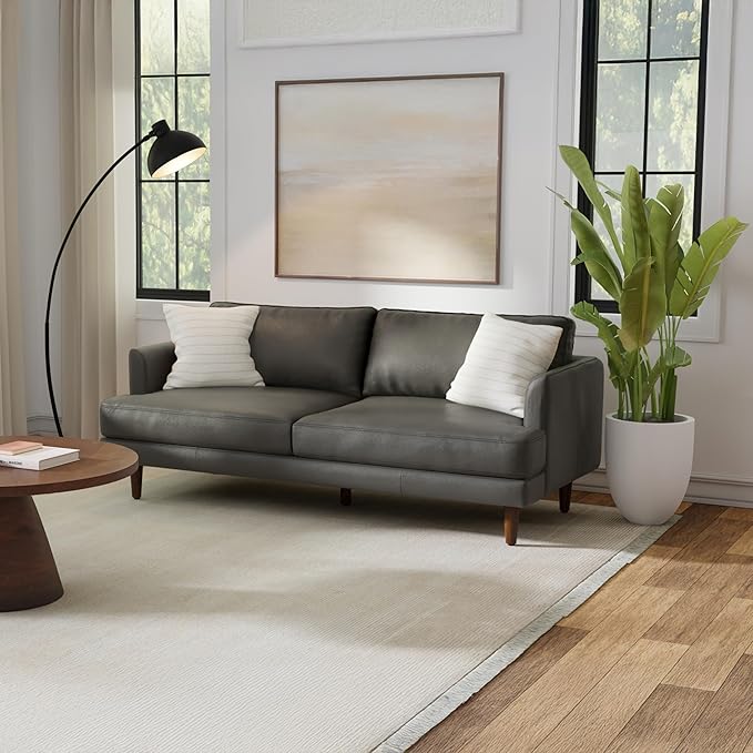 SIMPLIHOME Livingston 76-inch Wide Sofa in Coal Top Grain Genuine Leather, Handcrafted Mid-Century Modern Loveseat for Living Room, Compact 2-Seater with Feather-Wrapped Cushions and Solid Wood Frame
