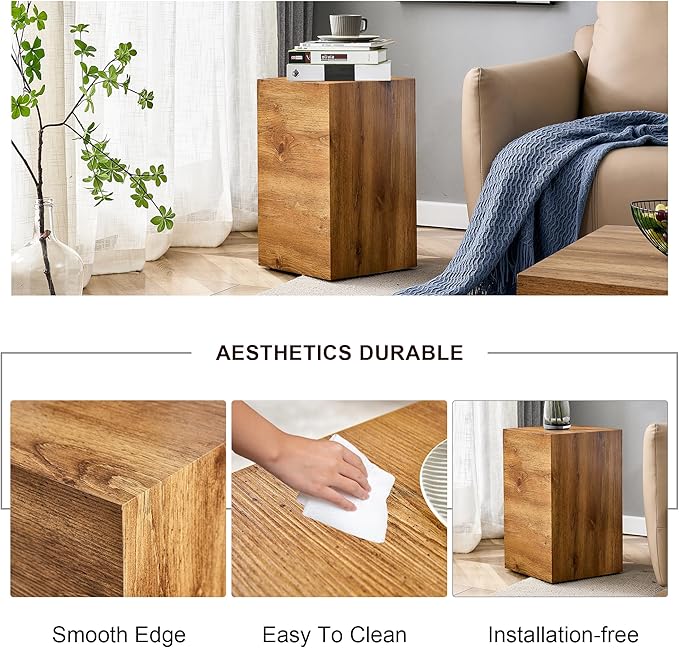 Cube End Table Wood Grain, Modern Side Table for Living Room, Contemporary Nightstand
