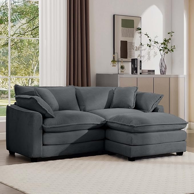 KEIKI 80" L-Shaped Oversized Corduroy Modular Sectional Loveseat Sofa with 1 Ottoman, High-Density Foam Cushions, Removable Armrests, Upholstered 2-Seater Couch with 4 Pillow, for Living Room, Grey
