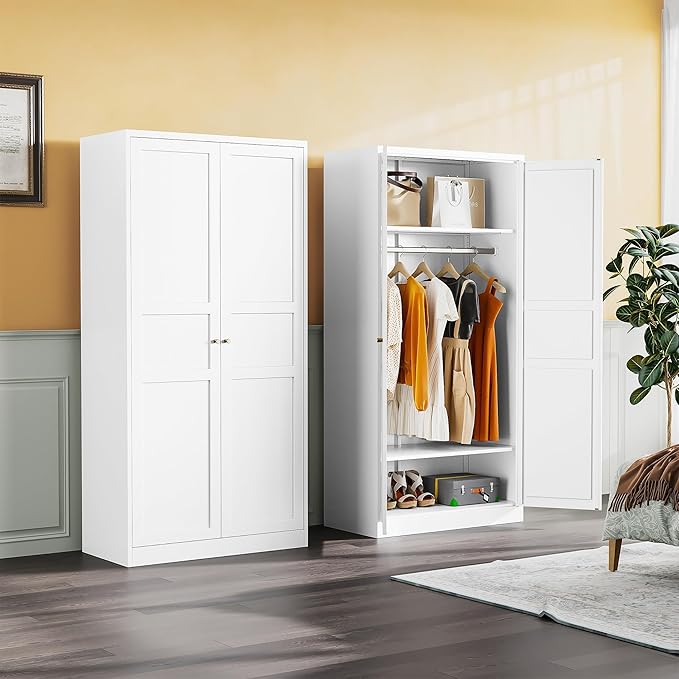 Metal Wardrobe Cabinet,Armoire Wardrobe Closet with doors,White Metal Clothing Storage Cabinet with Adjustable Shelves and Hanging Rod,72" Tall Cloth Storage Cabinets for Home,Bedroom Armoires,Laundry