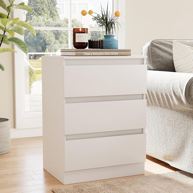 Vibe & Dine 3 Drawer Nightstand, Wooden Bedside Table with Storage, Wooden End Side Table with Drawers for Bedroom, Hallway, White - Image 5