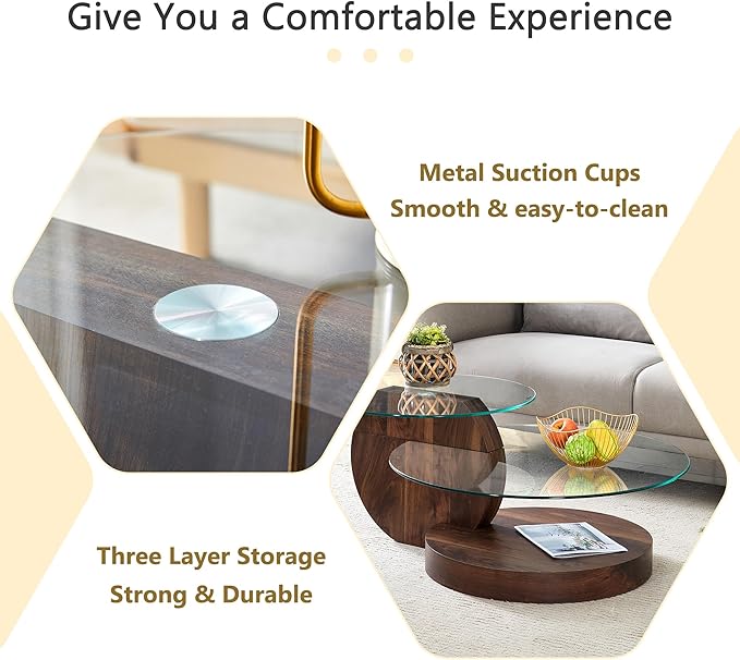 42" Glass Coffee Table, Round Coffee Table, 2-Tier Tempered Glass Tabletop with Walnut Base, Modern Center Table for Living Room, Home, Apartment, Ideal for Small Space