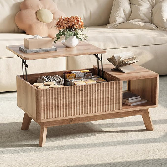 Wood Lift Top Coffee Table with Hidden Compartment and Large Storage Shelf, Lift Tabletop Dining Center Table for Home Living Room Office, Natural