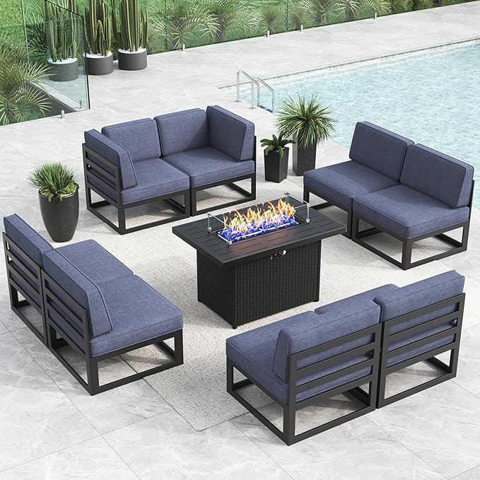 LayinSun Large Aluminum Patio Furniture Set with Fire Pit Table, 9 Pieces Modern Outdoor Conversation Set Sectional Metal Sofa Set with Olefin Cushion