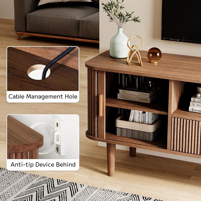 Fluted TV Stand, 55 Inch Mid Century Modern Media Console Table with Sliding Tambour Door Farmhouse Sideboard Buffet Cabinet Fits TVs up to 60 inch, Wood Entertainment Center for Living Room - Image 8