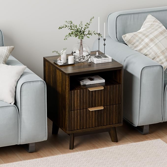Fluted Nightstand with 2 Drawers, 18" Modern Night Stand with Faux Marble Top, Open Storage Shelf, Curved Edge Bedside Table for Bedroom, End Side Table (2, Walnut) - Image 2