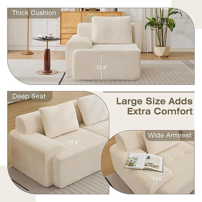 Modular Sectional Sofa, Boneless Couches for Living Room, Corduroy Couch, Big Comfy Couch, Modular Cloud Sofa with Deep Seat (White, 1 Piece-Left Armchair)