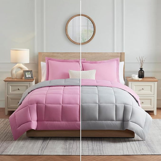Nestl 3 Piece Quilted Down Alternative Comforter Queen Size with 2 Pillow Shams, All Season Pink/Light Grey Duvet Inserts with Corner Tabs