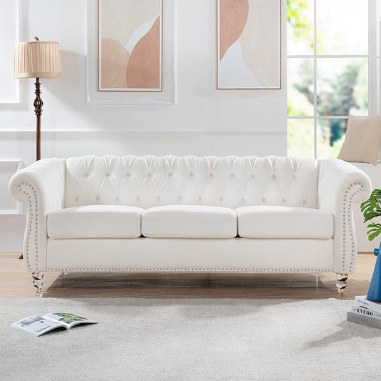 ERYE 84.5-Inch Classic 3 Seat Chesterfield Sofa Couches for Living Room Bedroom, 3 Seaters Button Tufted Teddy Fabric Upholstered Chesterfield Sofa Couch,Acrylic Legs | Button Tufted, Easy to Assemble, Nailhead, Removable Cushion