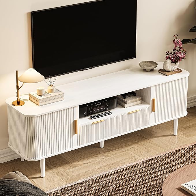 Fluted TV Stand, 62.4 Inch Mid Century Modern Media Console Table with Drawer Sliding Tambour Door Farmhouse Sideboard Buffet Cabinet Fits TVs up to 75 inch Wood Entertainment Center(White) - Image 3