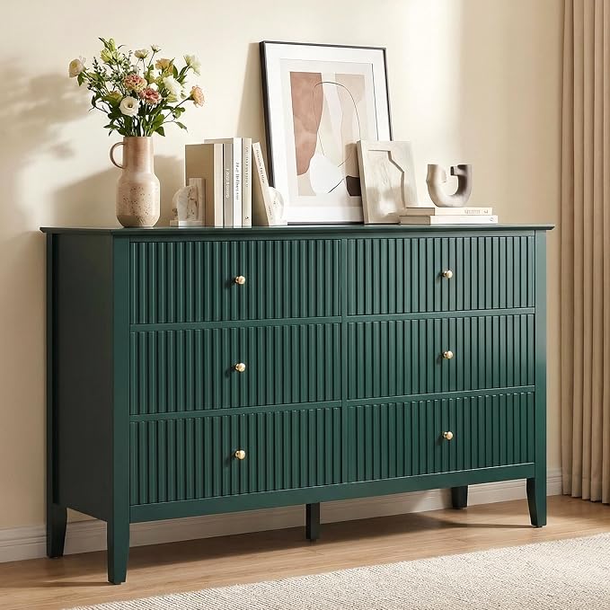 RoyalCraft 6 Drawer Dresser, Fluted Modern Wood Chest of Drawers, Long Dresser for Bedroom TV Stand Storage Cabinet for Living Room, Green by Bringyoubetterlife