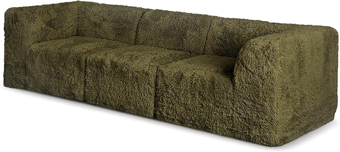 Furniture of America Havyn Modern Faux Fur 3-Seater Modular Foam Sofa with Curved Arms & Deep Seat, Compressed Couch in a Box, No Assembly Required, for Living Room and Office, Olive Green