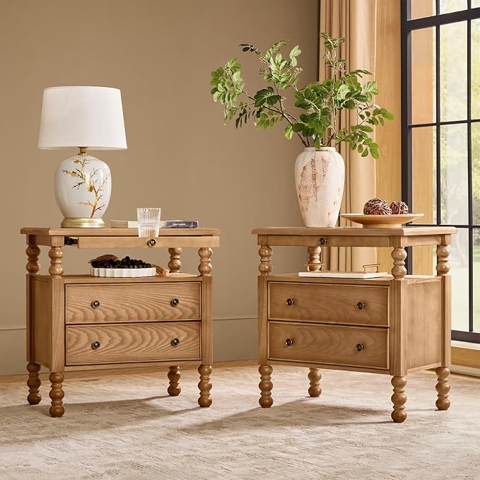 HULALA HOME 26" End Tables Set of 2 with Charging Station, Transitional 2 Drawer Wood Endtables with Pull-Out Shelf and Open Storage Space, Large Side Tables with Solid Wood Spindle Legs, Oak by HULALAHOME