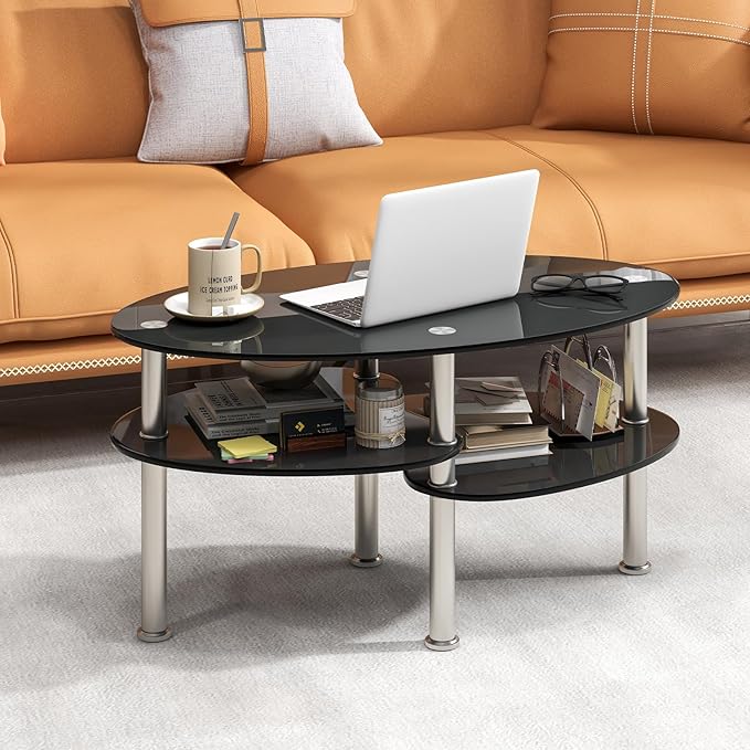Giantex Oval Glass Coffee Table - 3-Tier Transparent Tempered Glass Table W/Sturdy Chrome Plated Legs, Small Sofa Side Table, End Table for Living Room, Bedroom, Office, 35"× 20" ×18" (Black)