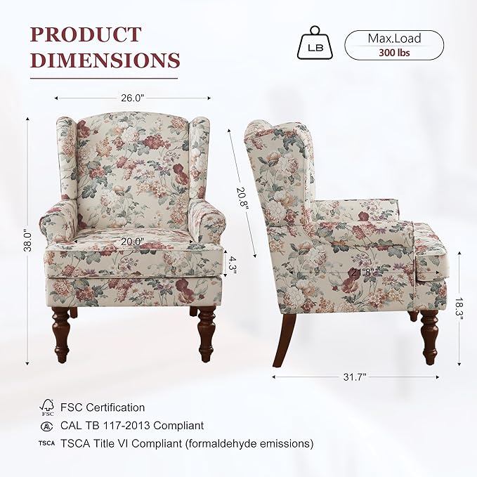 HUIMO Printed Wingback Accent Chair, Linen Upholstered High Back Armchair, Comfy Reading Chair for Living Room Bedroom Study, 300lbs Weight Capacity (2, Red Floral)
