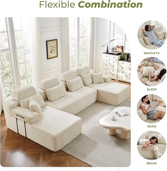 141" U-Shaped Cloud Modular Sectional Sofa with Chaise & Headrest, Boneless Deep Seat Plush Corduroy Couches for Large Living Room, No Assembly Required (White, 141" U-shapred Chaise)