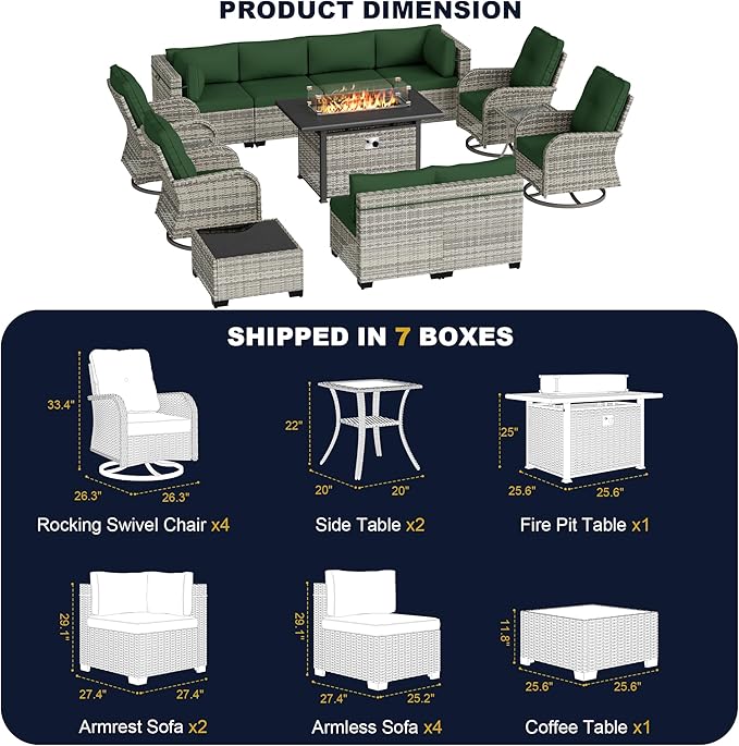 14-Piece Outdoor Patio Furniture Set with Rocking Swivel Chair, Wicker Rattan Sectional Sofa Conversation Set with 55,000 BTU Fire Pit Table, Backyard Furniture, Green
