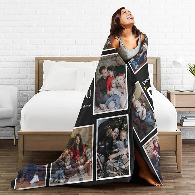 Gifts for Dad Custom Blanket with 8 Photo, Fathers Day Blankets with Picture to My Dad, HD Printing Customized Flannel Throw Blanket Gifts for Best Daddy Ever