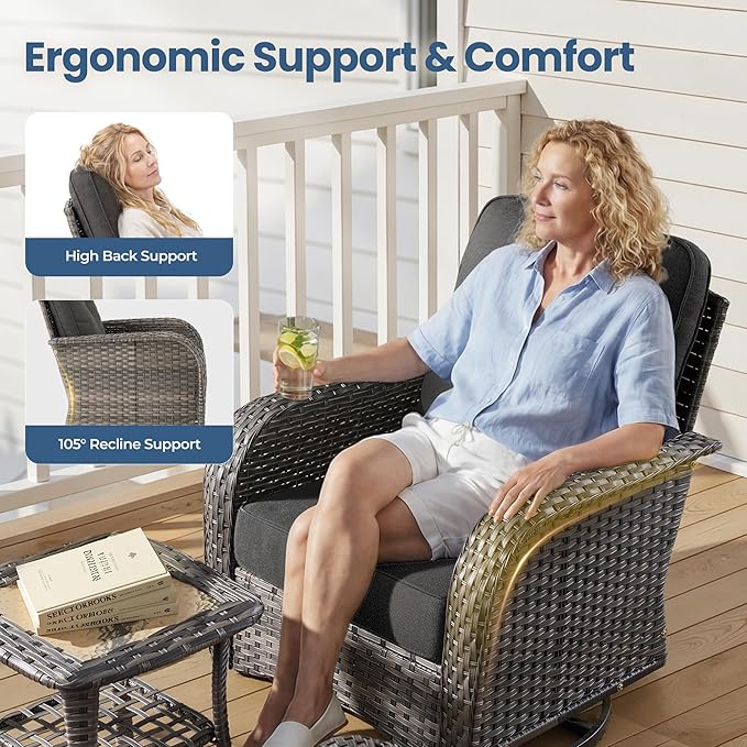 Weaxty Outdoor Swivel Rocker Patio Chairs, 3 Pieces Patio Furniture Set with Rocking Chair and Wicker Side Table, Outdoor Furniture Conversation Set for Porch, Deck, Yard, Balcony, Black