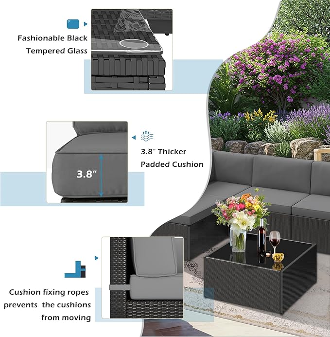 U-MAX 7 Piece Outdoor Patio Furniture Set, PE Rattan Outdoor Wicker Sectional Furniture Chair Set with Cushions and Tea Table, Black Rattan and Dark Grey Cushion