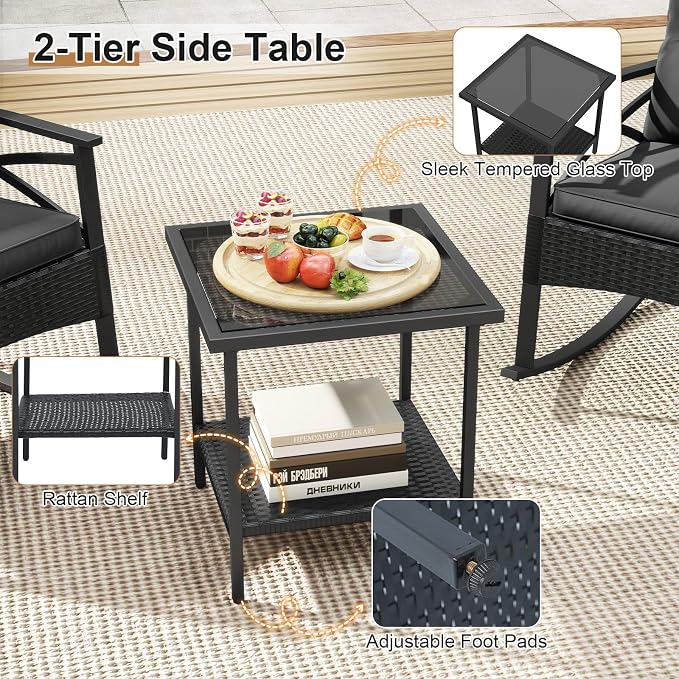 Tangkula 3 Pieces Outdoor Rocking Chairs Set, Rattan Heavy Duty Cushioned Rocker Chairs with 2-Tier Tempered Glass Coffee Table, for Garden, Balcony, Backyard (Black+Gray) - Image 8