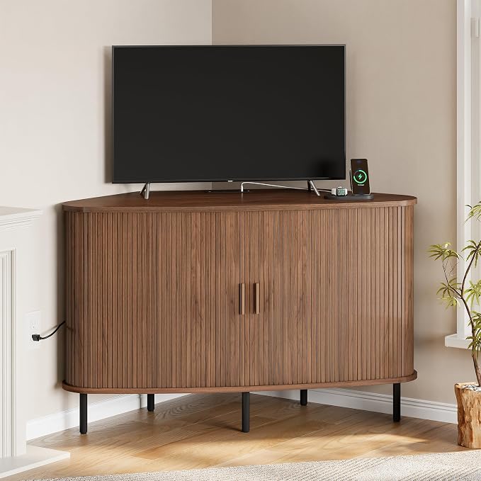 ONBRILL 47" Corner TV Stand, Fluted TV Cabinet with Sliding Doors Fits up to 55 Inch TVs, Modern Corner Entertainment Center with Power Outlet, Wood Media Console Table with Storage,Walnut - Image 3