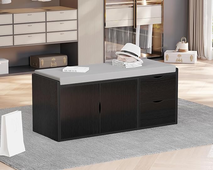 LVB 2-Tier Storage Bench with Padded Seat Cushion, Entryway Bench with 2 Drawers, Removable Barn Doors & Adjustable Shelf, Industrial Shoe Bench for Hallway, Bedroom, Living Room,Black Oak, 40 Inch - Image 8