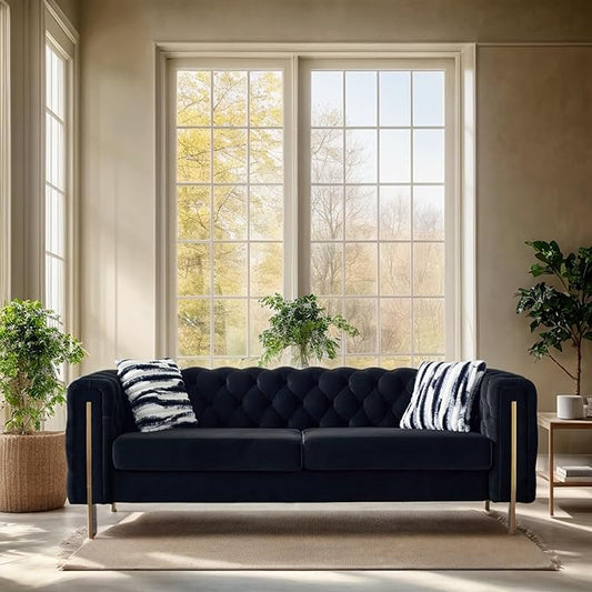 KEIKI 84" Chesterfield Velvet Tufted Button Sofa with Removable Cushions and 2 Toss Pillows, Modern 3-Seater Couch with 4 Gold Metal Legs, Easy Assembly, for Living Room, Bedroom, Apartment, Black