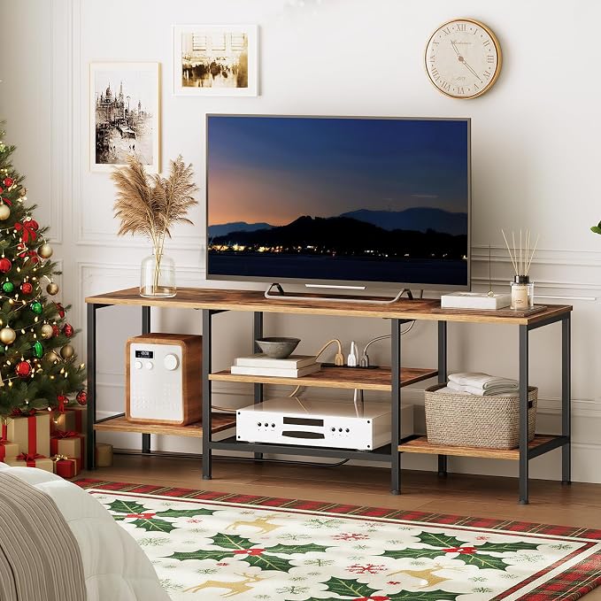 HOOBRO TV Stand with Power Outlets to 65 Inches, TV Console Table with Open Storage Shelves, Industrial Media Entertainment Center for Living Room Bedroom, Rustic Brown and Black BF40DS01 - Image 3
