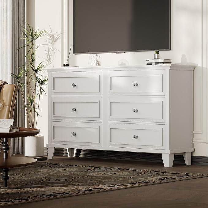 GAOMON Dresser for Bedroom, 6 Drawer Wide Dresser Storage Organizer, Modern Wooden Chest of Drawers with Metal Handles for Hallway, Entryway, Home Office, White - Image 3