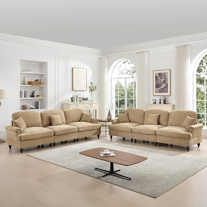 KEIKI Mid Century Modular Sofa with Flared Arms and Skirted Design, 107” Oversized 3-Seater Chenille Sectional Couches Set for Living Room, Modern Comfortable for Living Spaces, Light Coffee