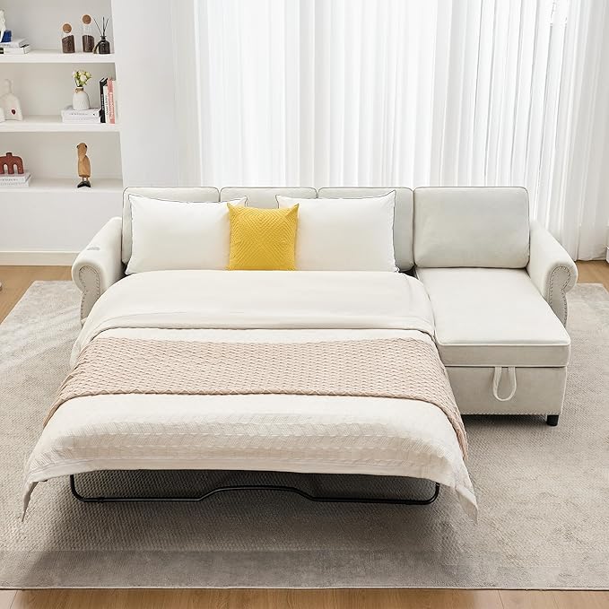 ERYE L-Shaped Reversible Sectional Sofa with Pull Out Queen Memory Mattress Sleeper Bed, 2-in-1 L-Shaped Corner Sectional Couches W/Wireless Charging, Storage Chaise Lounge