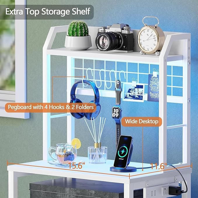 Furologee 40'' Tall Nightstand with Charging Station, Bedside Table with LED Lights, End Table with 2 Drawers and Storage Shelves, Night Stand with Pegboard for Bedroom, White - Image 4