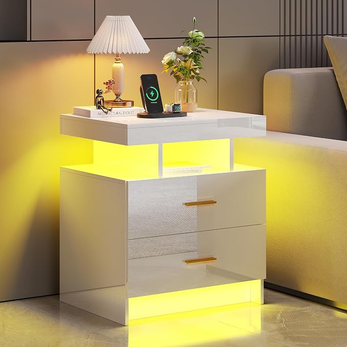 HNEBC Auto LED Nightstand with Wireless Charging Station & USB Ports,High Gloss Bedside Tables with 2 Drawers,Floating Nightstand with 3 Color & Adjustable Brightness for Bedroom,White - Image 3