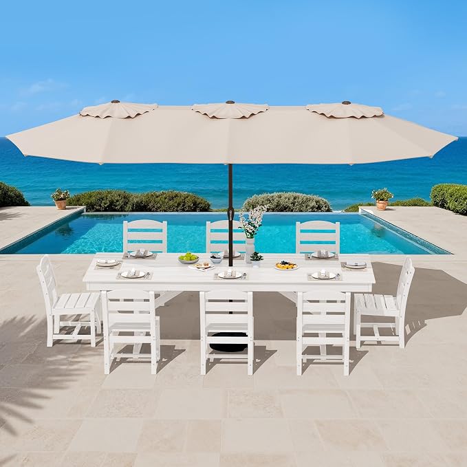 SERWALL 9 Piece Outdoor Dining Set, 84" HDPE Outdoor Table and Armless Chairs Set for 8，All Weather Patio Furniture Set with Umbrella Hole for Backyard, Garden, White - Image 9