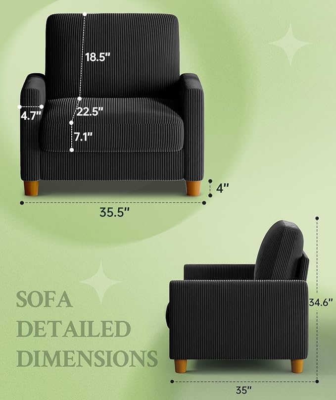 35.3" Couches for Living Room, Comfy Black Couch Single with 22.5" Deeper Seat, Accent Chair Tool-Free Setup, Reading Chair 440lbs Support, Corduroy Couch for Bedroom, Apartment, Office