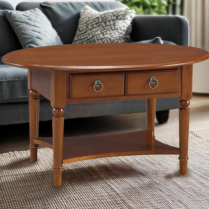 Leick Home Coastal Coffee Table, Solid Wood, Oval, with Drawer and Shelf, Pecan Brown, 20044-PC