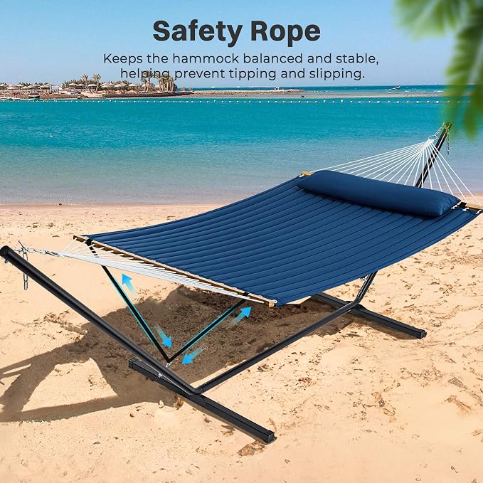 SUPERJARE Hammock with Stand, 2 Person Quilted Outdoor Hammock, Detachable Pillow & Bamboo Spreaders, Portable Hammock with Carrying Bag, Heavy Duty Stand, Perfect for Outside, Patio, Navy Blue - Image 5