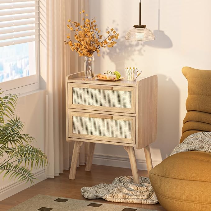 Lerliuo Rattan Nightstands Set of 2, Boho Night Stand with 2 Drawers, Cane Accent Side End Table, Bedside Table with Solid Wood Legs for Bedroom, Dorm and Small Spaces (Natural) - Image 5