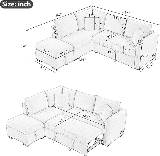Ball & Cast L-Shaped Sectional Pull Out Sofa with Two USB Ports,4-Seater Convertible Couch w/Power Sockets and Movable Storage Ottoman,for Living Room,Apartment,Beige