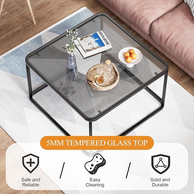 Coffee Table Glass, Minimalist Square Tables for Living Room, Modern Center Table for Office or Small Space, Sturdy Metal Frame, Easy Assembly, 26.4 x 26.4 x 15.7 Inches, Black & Grey Glass