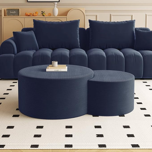 Nesting Coffee Table Set of 2, Upholstered Round Corduroy Circle Foam Round Side Table for Living Room, Entryway Set, 32"+17" Footrest No Assembly (Blue, 32"+17")