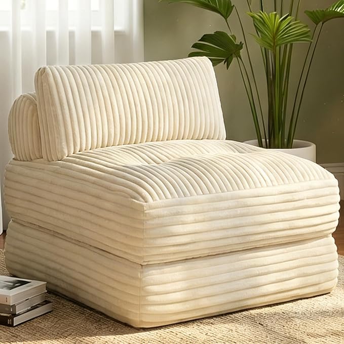 Plush Corduroy Folding Sofa Bed, Free Setup Floor Beds, 34" Boneless Couch for Small Spaces, Corner Chair, Convertible Sleeper Chair, Corner Couch, Foldable Sleeper Sofa Beds, Cream White