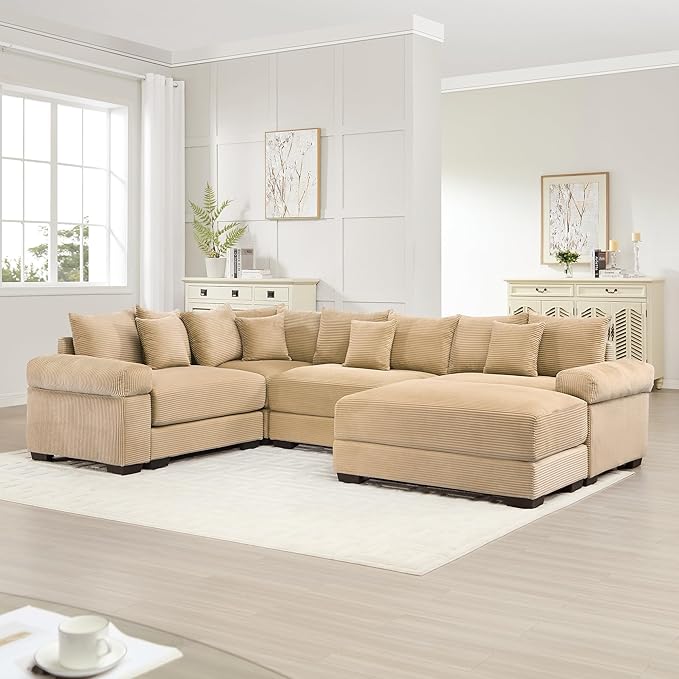KEIKI 117" U-Shaped Oversized Corduroy Modular Cloud Sectional Sofa with 1 Ottoman, High-Density Foam Cushion, Extra-Thick Armrest, 4-Seater Fluffy Corner Couch with 14 Pillow, for Living Room, Camel