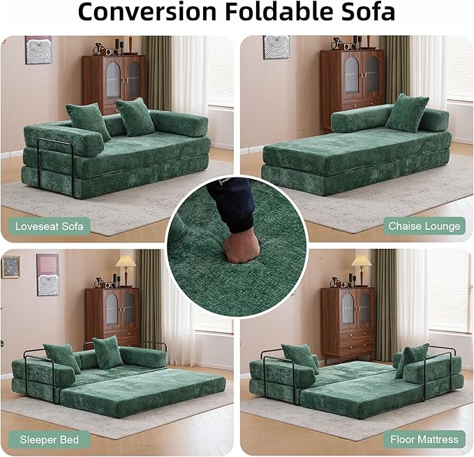 Convertible Floor Sofa Bed, Fold Out Floor Couch with Pillow Back & Armrest, Compressed Couch with Fixed-Shape Frame, Chenille Foldable Sleeper Sofa Bed for Living Room Bedroom, Dark Green