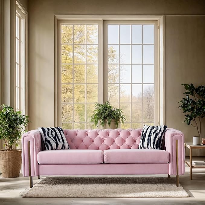 KEIKI 84" Chesterfield Velvet Tufted Button Sofa with Removable Cushions and 2 Toss Pillows, Modern 3-Seater Couch with 4 Gold Metal Legs, Easy Assembly, for Living Room, Bedroom, Apartment, Pink