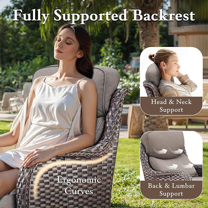Luxury Outdoor Swivel Rocker Patio Chairs, High Back Swivel Patio Chairs with Side Table & 6-Inch Thick Cushions, Wicker Outdoor Bistro Set for Porch, Yard, Deck, Poolside, Brown/Grey